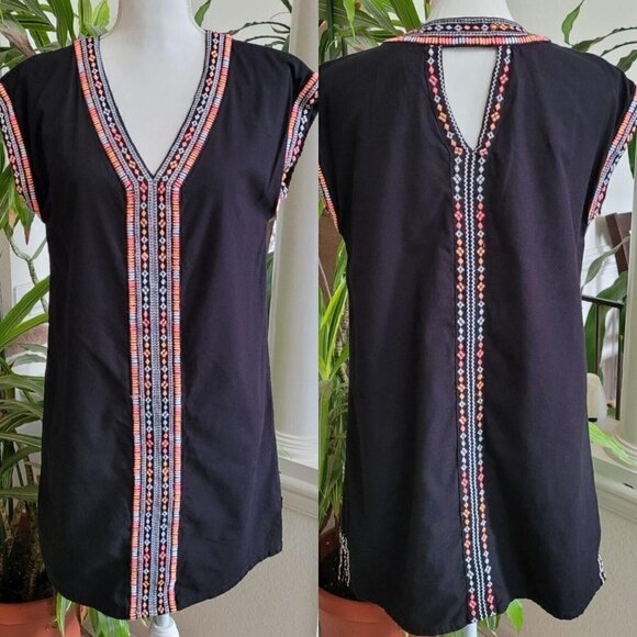 Artisan Ny Black Shift Dress Neon Embroidery Sz Med Simple Casual Comfortable - Picture 1 of 10